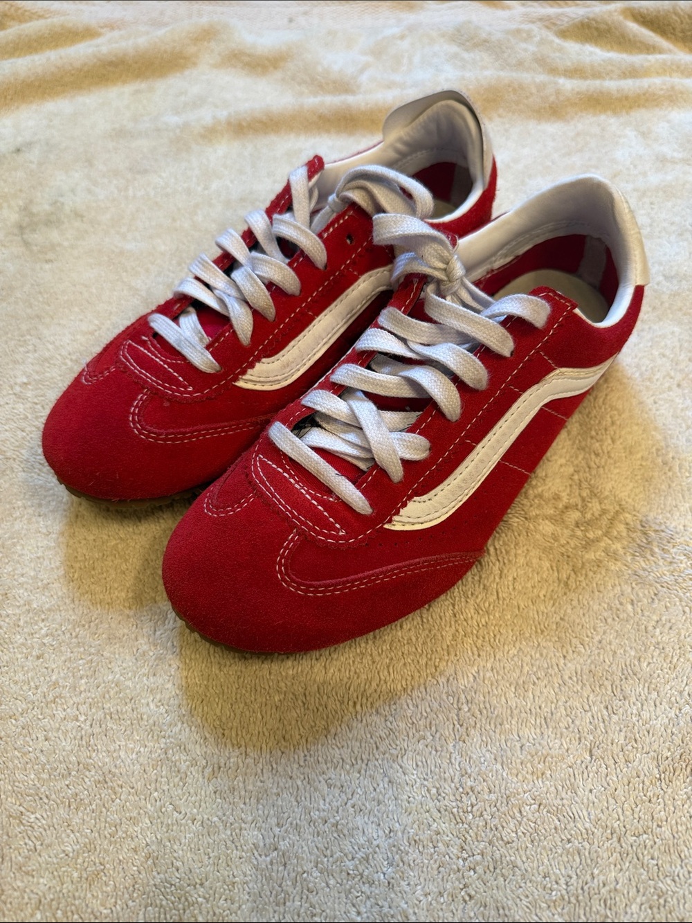 Vans Red Suede Sneakers with White Side Stripe